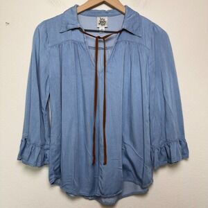 Ivy Jane Women Denim Chambray Top XS Blue Tie Neck Western Boho Coastal Cowgirl